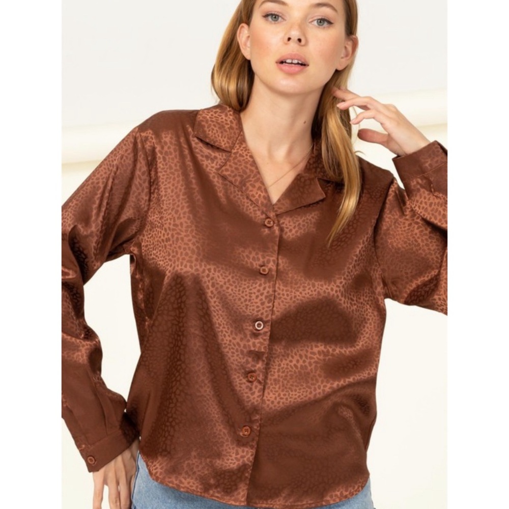 Brown button down animal print top - Picture 2 of 4